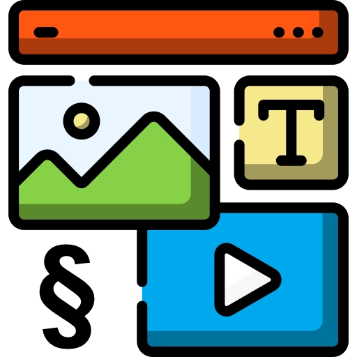 Bild, Text und Video-Icon im Comic-Stil verdeutlich die Inhaltseingabe und Texterstellung einer Website inkl. DSGVO