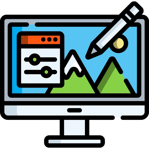 Monitor mit Landschaftsmotiv und Einstell-Optionen im Comic-Stil - verdeutlicht die Design- und Websiteentwicklung