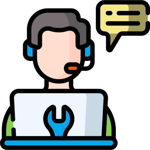 Person mit Headset sitzt am Notebook im Comic-Stil - verdeutlicht den anschließenden Website Support mittels individueller Wartungs- und Servicepakete
